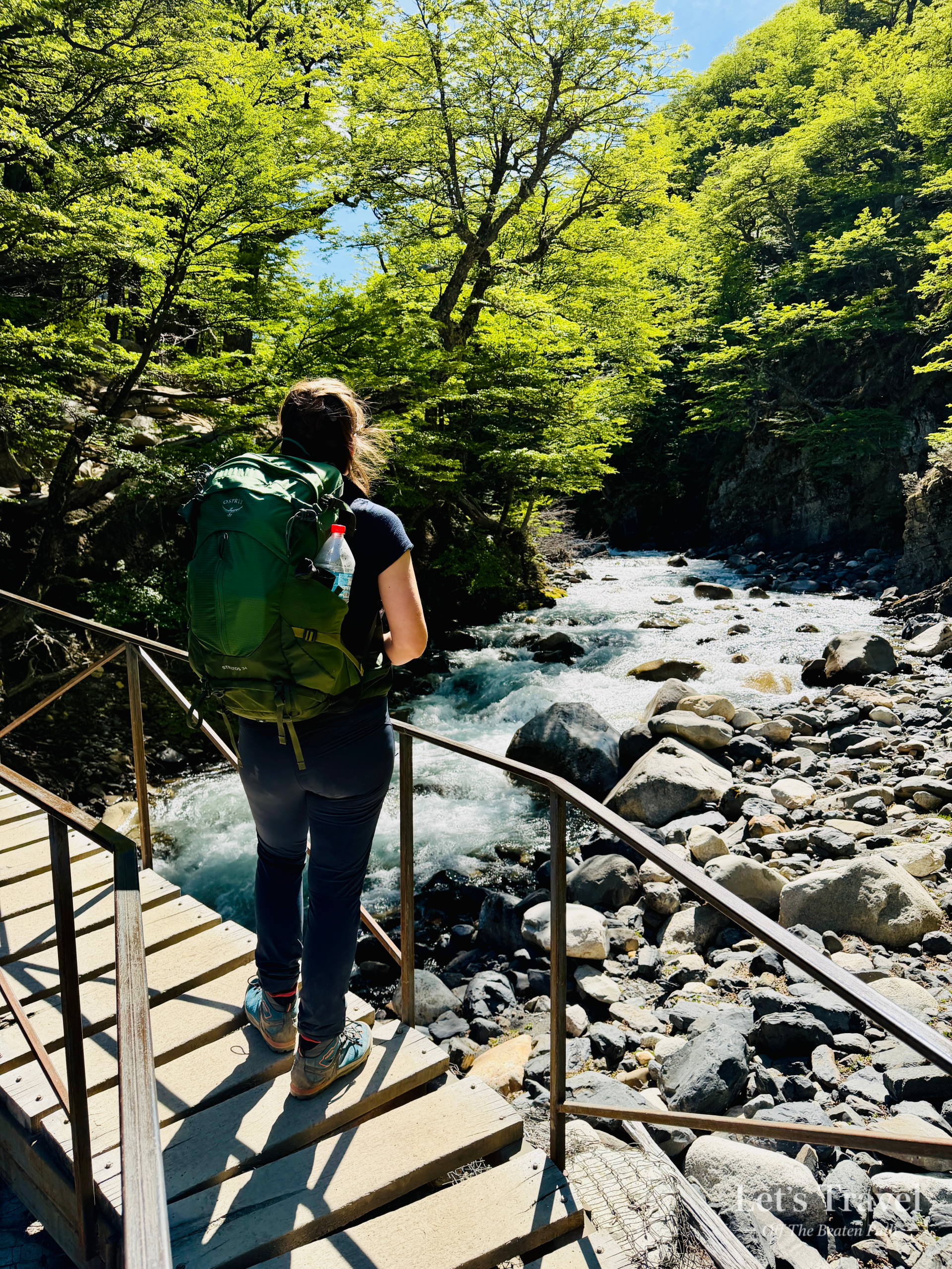 Hiker crossing wooden bridge over river in Torres del Paine National Park Chile Patagonia forest trail