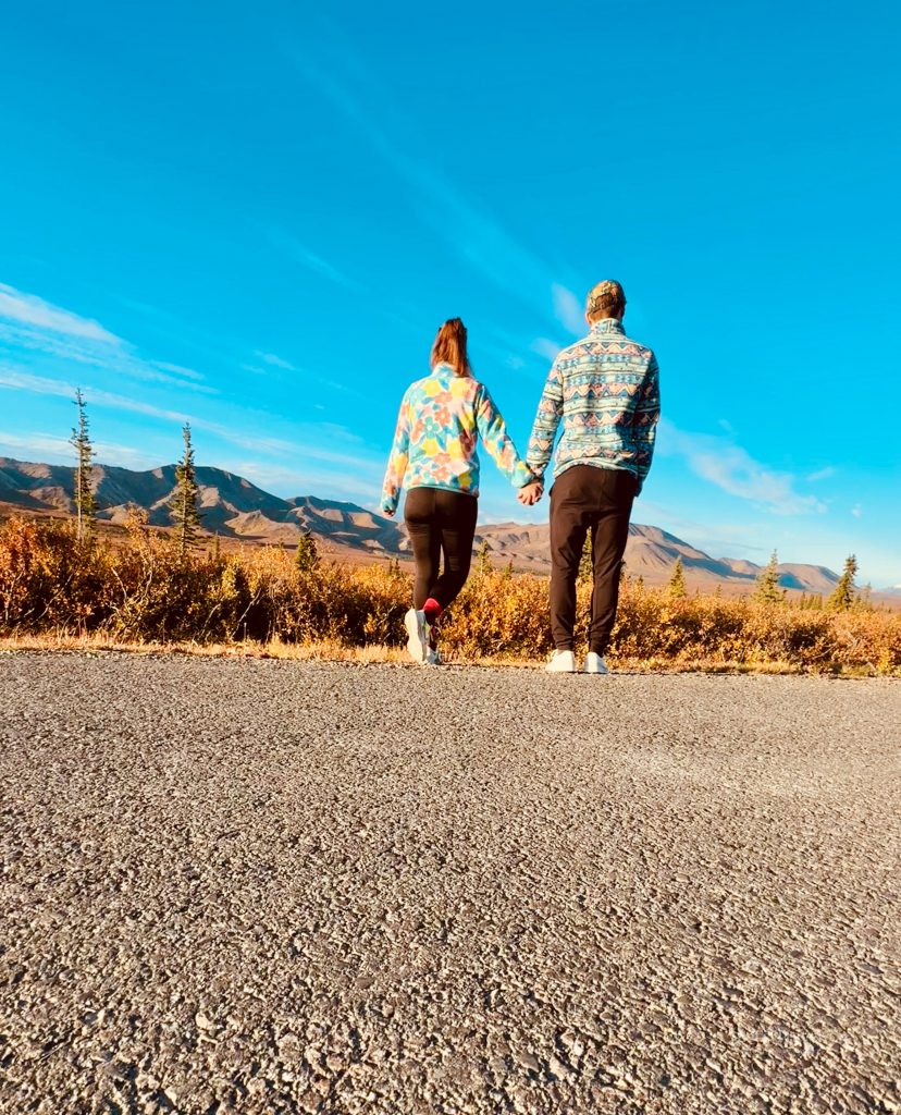 Travel couple holding hands while overlooking the mountain landscape in Denali National Park, Alaska.