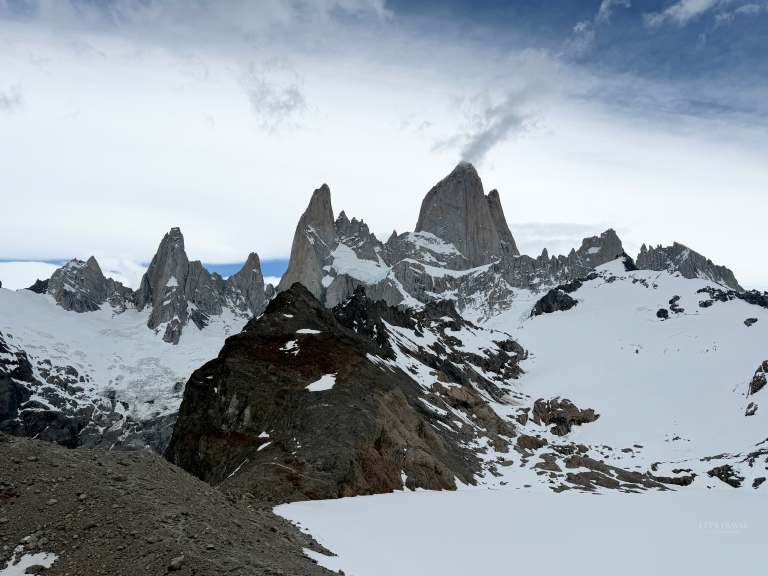 Panoramic view of Mount Fitz Roy and the surrounding peaks in Los Glaciares National Park near El Chaltén, Patagonia, Argentina.