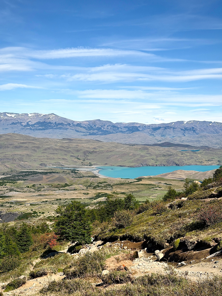 Panoramic landscape with turquoise lake and the Andes in Torres del Paine National Park, Patagonia, Chile.