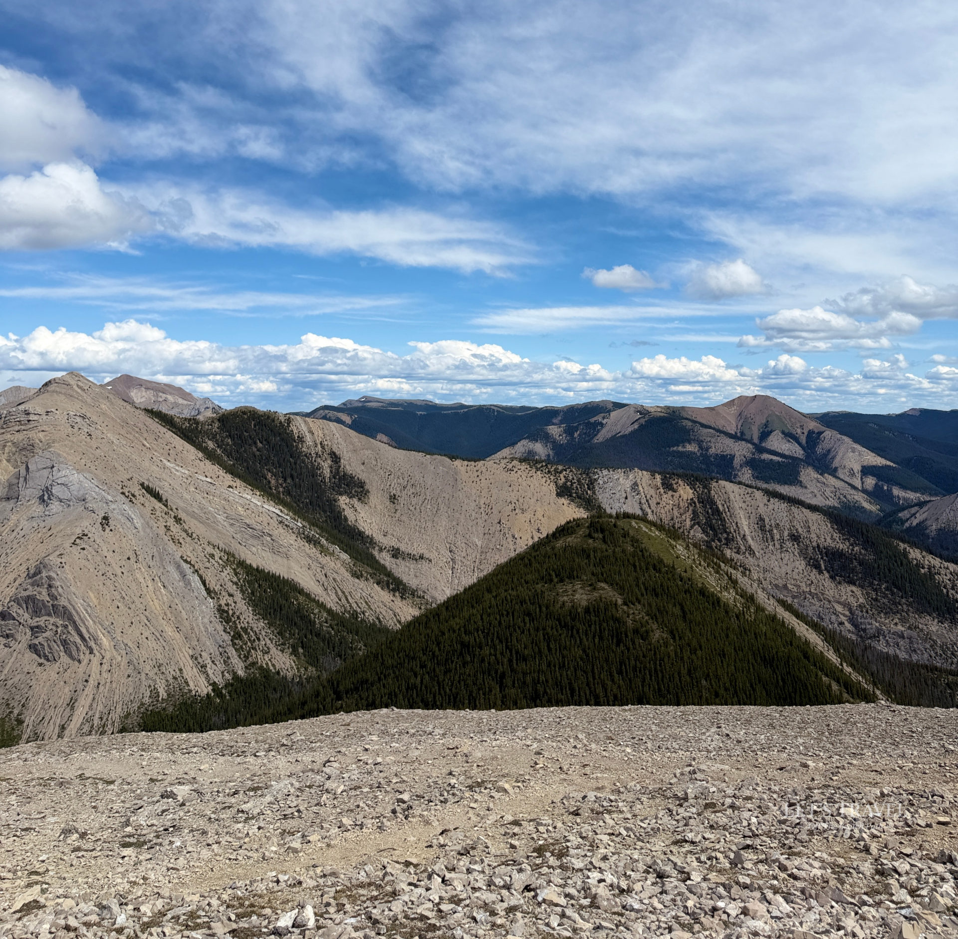 Panoramic summit view from the Sulphur Skyline Trail overlooking the Canadian Rockies in Jasper National Park, Alberta, Canada.
