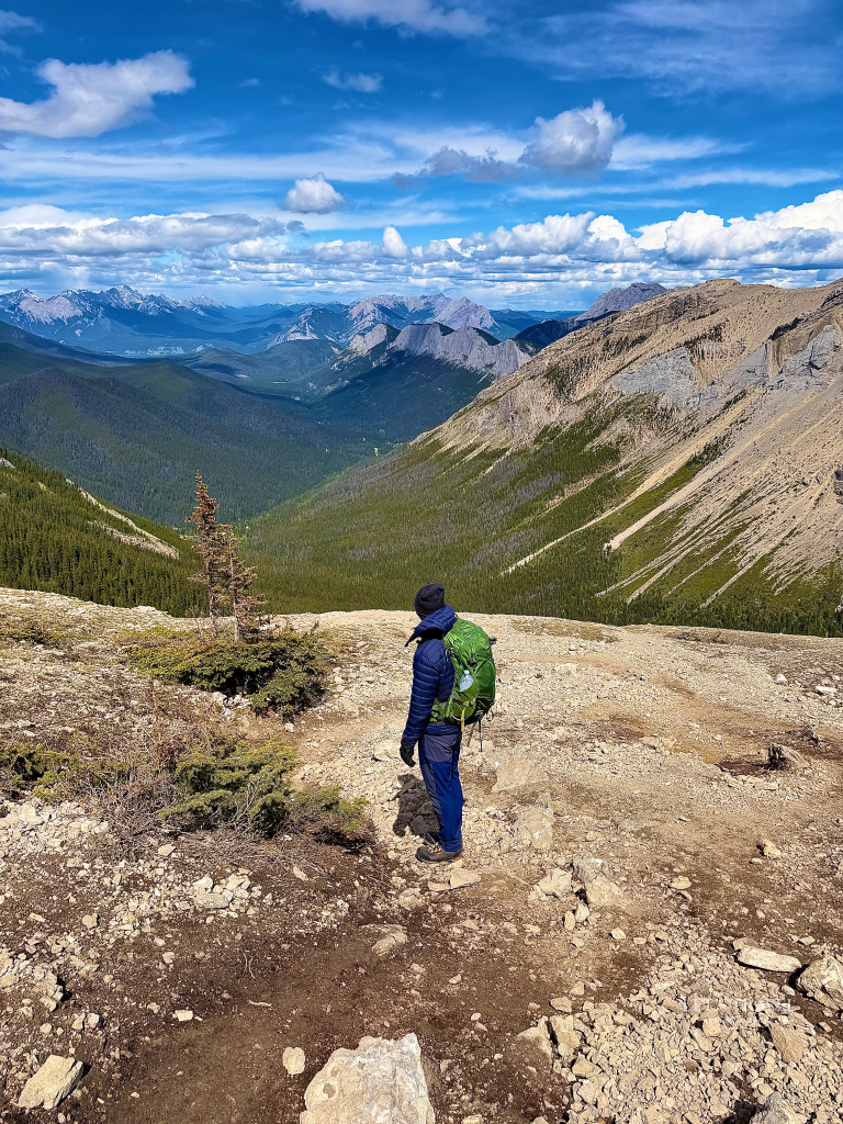 Hiker overlooking the valley from the Sulphur Skyline Trail above the treeline in Jasper National Park, Alberta, Canada.