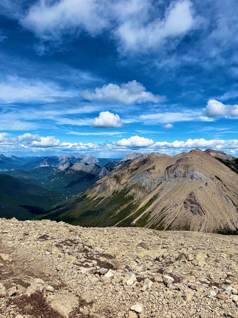 Panoramic mountain view from the Sulphur Skyline Trail in Jasper National Park, Alberta, Canada.