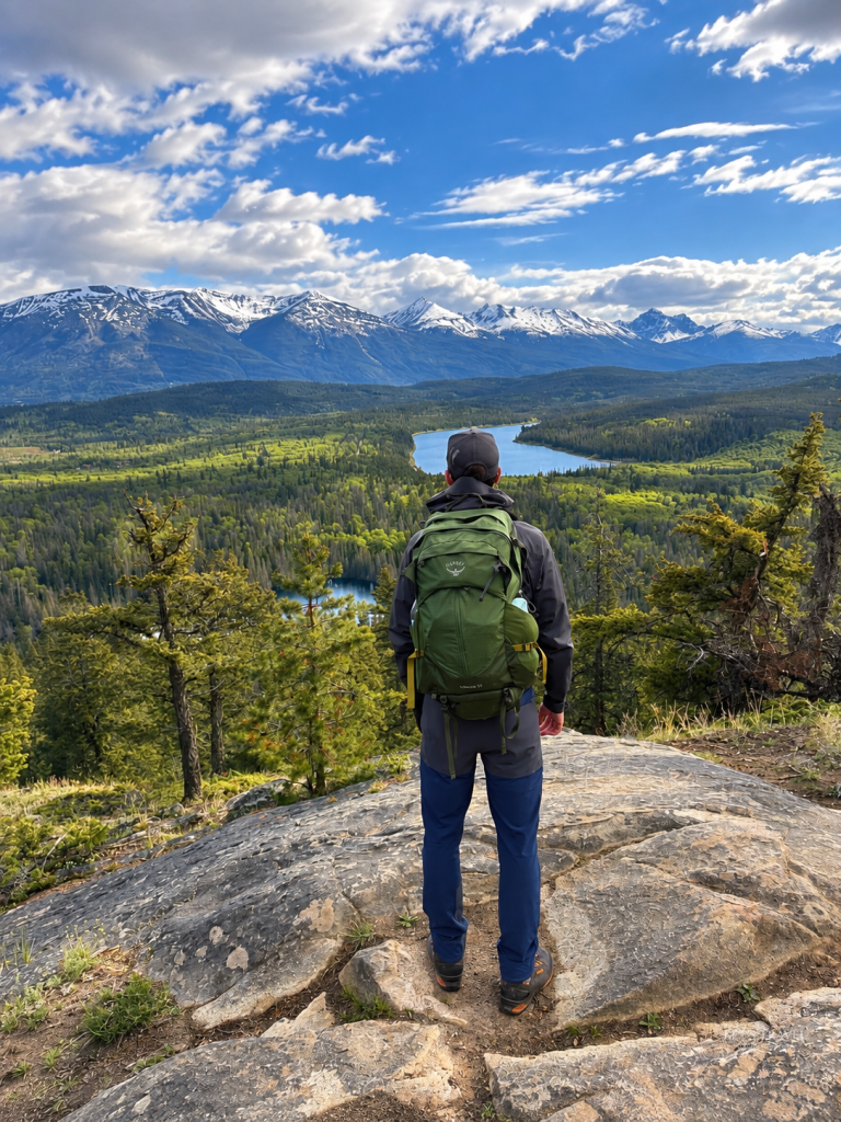 Hiker looking out over the lakes, forests and snow-capped mountains from Pyramid Bench Trail in Jasper National Park, Canada.