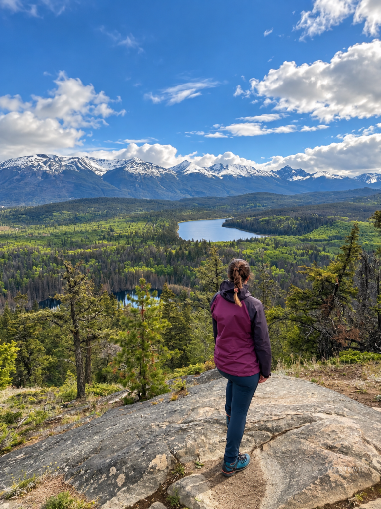 Hiker enjoying the mountain and lake view from Pyramid Bench Trail in Jasper National Park, Canada.
