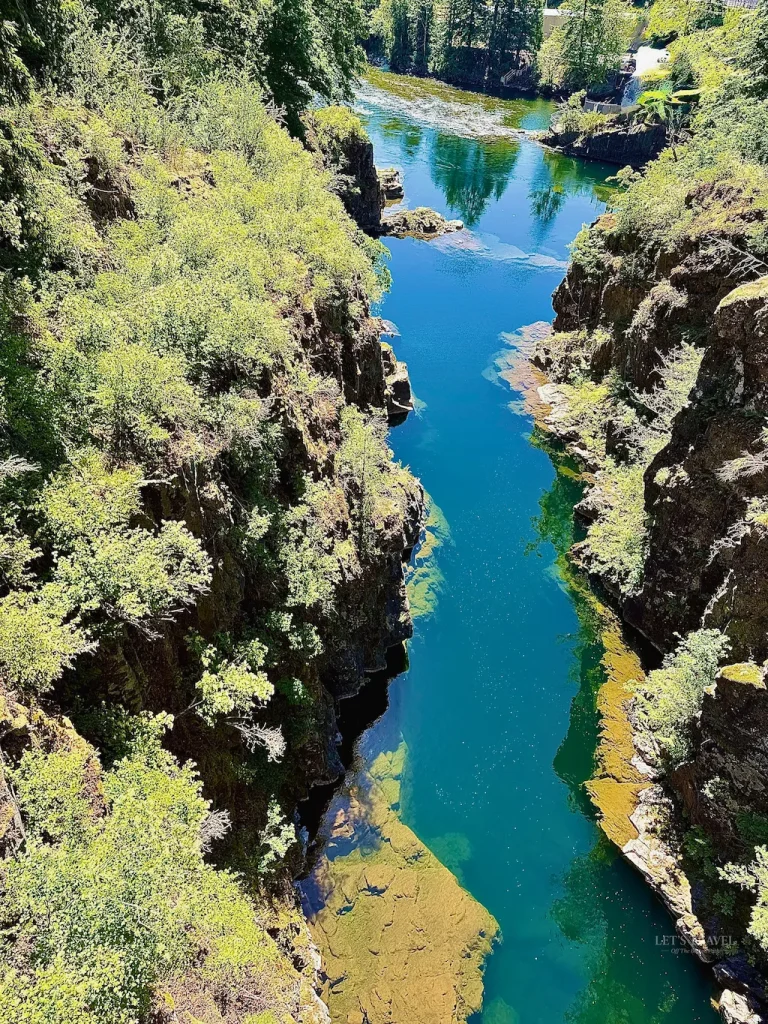 Turquoise water flowing through a rocky canyon surrounded by green forest at Elk Falls Provincial Park near Campbell River, British Columbia.