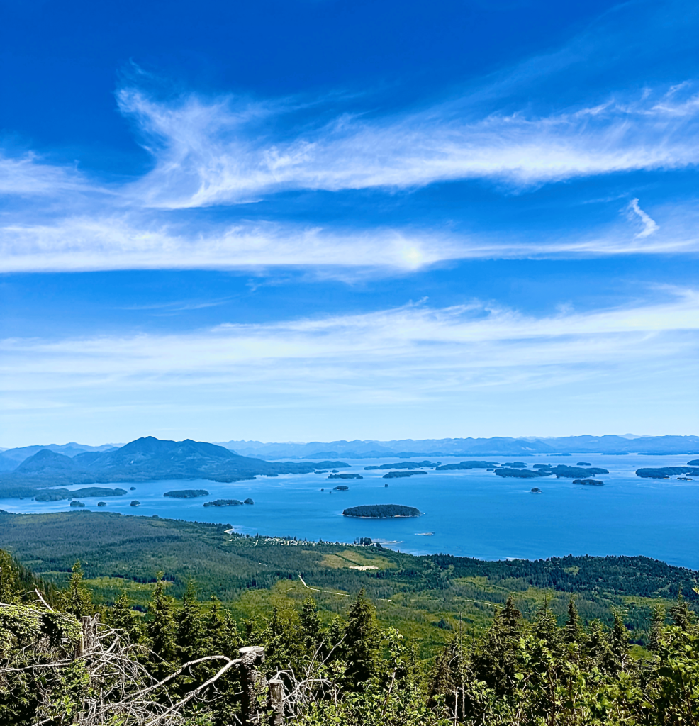 Panoramic view from Mount Ozzard Hike on Vancouver Island, overlooking forested hills, blue coastal waters, scattered islands and distant mountains.