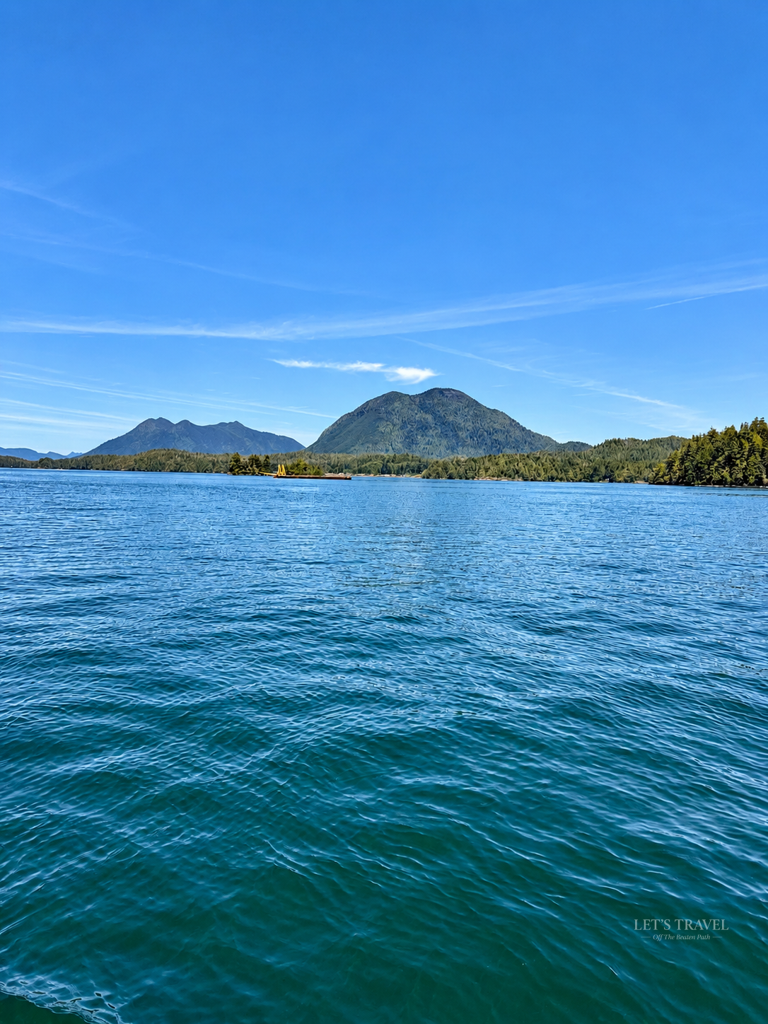 Coastal landscape with mountains and ocean in Tofino on Vancouver Island, Canada.